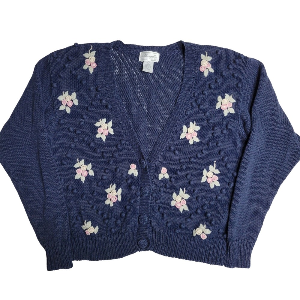 Margules Women's Floral Knit Cardigan Sweater Large Ramie/Cotton Blue‎